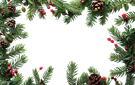 Christmas frame with fir branches and berries on transparent background, png - Powered by Adobe