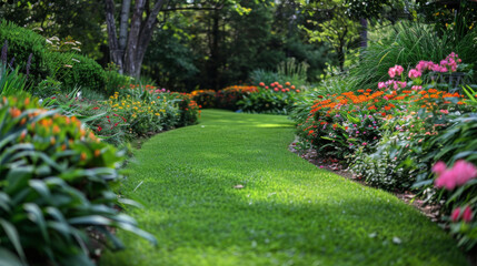Obraz premium A vibrant garden pathway lined with blooming flowers and lush greenery, creating a serene and colorful outdoor space.