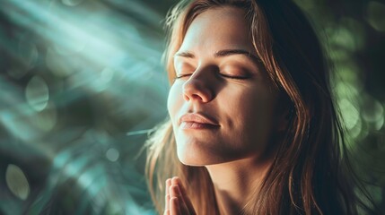 Obraz premium A woman deeply engaged in prayer, with soft sunlight casting a gentle glow on her face, epitomizing a scene of tranquility, spiritual connection, and contemplative faith. Belief