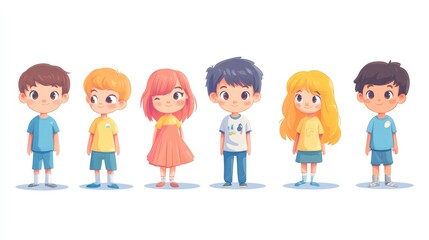 Set of cute anime kids, boy and girl, in various poses for design assets