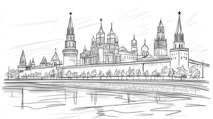 Naklejka premium Sketch-style line drawing of the Kremlin in Moscow, capturing the allure of travel and history.