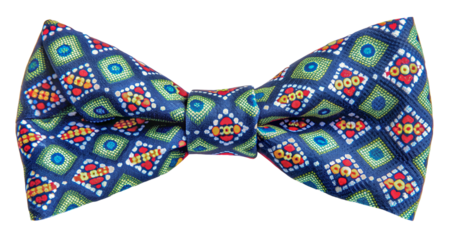 Colorful patterned bow tie showcasing unique design and textile craftsmanship, cut out - stock png.