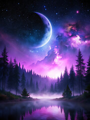 Naklejka premium night sky and moon, stars, star, landscape, tree, nature, space, dark, blue, winter, light, christmas, vector, forest, illustration