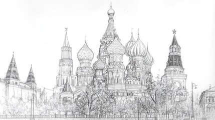Obraz premium Detailed sketch of the St. Basil's Cathedral in Moscow, representing travel and architectural beauty.