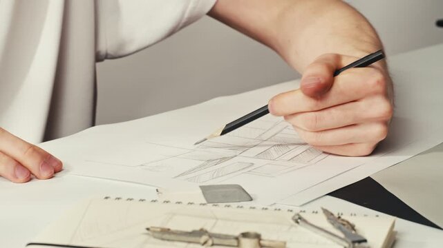 Young man artist is drawing buildings by pencil on white paper close-up. The architect making sketches for the projection of the building. Drawing and sketching lessons