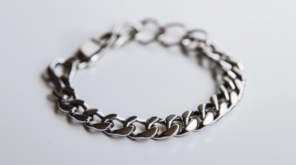 Obraz premium Heavy chain bracelet lies flat on a white surface, capturing the light from above
