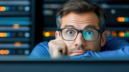 Worried IT Specialist Staring at Server Racks