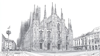 Fototapeta premium Line art of the Milan Cathedral, featuring intricate sketch details and travel inspiration.