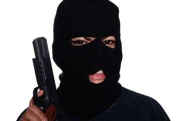 latin woman with balaclava on white background, thief woman