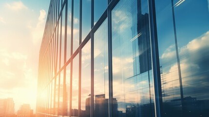 Modern office building or business center. High-rise window buildings made of glass reflect the clouds and the sunlight. empty street outside  wall modernity civilization. growing up business