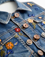 Denim Jacket with Embroidered Flowers and Buttons