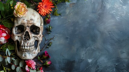 skull with flowers on gray background and copy space, concept day of the dead Mexico