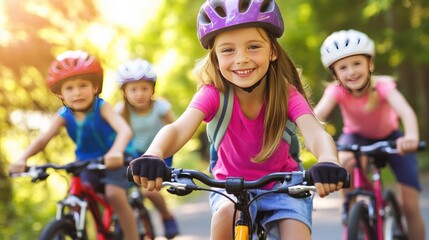 Obraz premium Happy children riding bicycles and enjoying a sunny park trail