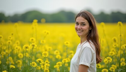 Fototapeta premium Woman Smiling in a Field of Yellow Flowers.