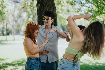 Group of friends having fun and laughing while messing each other's hair up in a sunny park. Joyful...