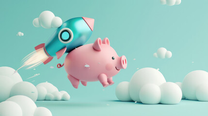 A pink piggy bank with blue and white rocket wings flying through the air, leaving behind a cloud of smoke on an isolated pastel background