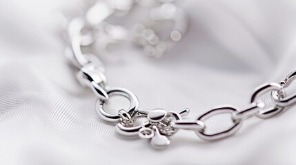 Shiny silver bracelet with intricate clasp on white silk exudes elegance and style, perfect for any...