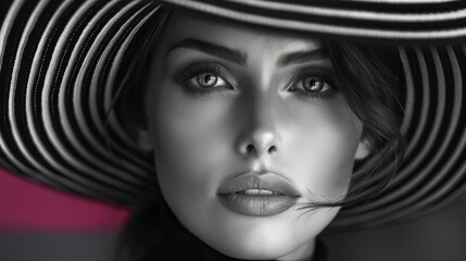 strange portrait, woman in very vivid striped hat, black and white background