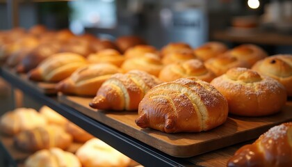 Freshly Baked Bread Rolls on Display in Bakery.
