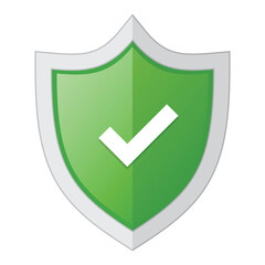 Green badge with shield and check mark. Right mark with protect shield. Shield with check mark. Vector illustration