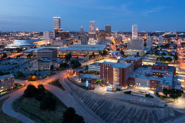 Downtown Tulsa city skyline at sunset, Oklahoma, United States.