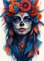 Day of the Dead sugar skull, surrounded by orange flowers and leaves