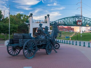 Memorial sculpture of horse and cart of Route 66, Tulsa, Oklahoma, United States.