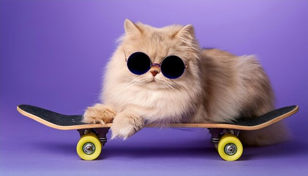 A cool cat wearing sunglasses sits on a skateboard
