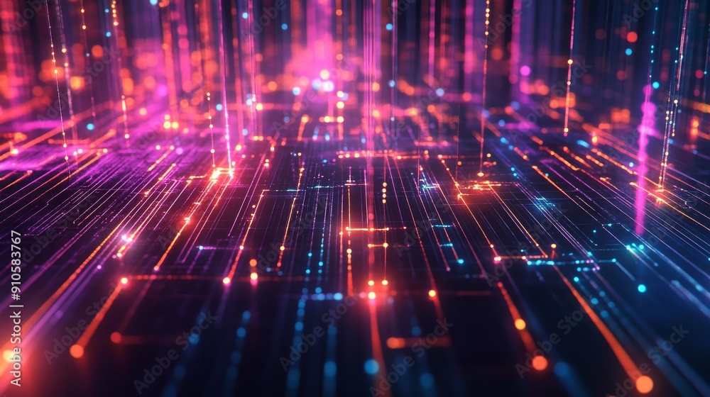 Poster high-tech data grid with illuminated connections and sharp, bright colors