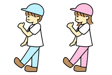 歩く、走るなど身体を動かす帽子をかぶった男女の児童