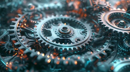 A 3D illustration of metallic gears and cogs interlocking and rotating, creating a complex mechanical design. 8k UHD, suitable for high-quality printing or digital display. 
