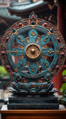 Fototapeta premium A sacred Dharma wheel symbolizing the path to enlightenment, beautifully crafted and revered.
