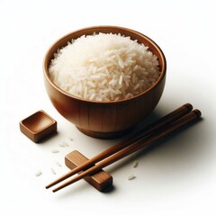 Bowl of Japanese rice KOME with chopsticks isolated on a white background