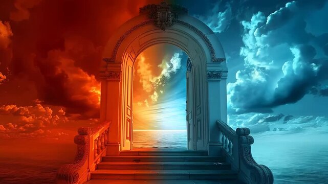Animation of heaven paradise and fiery hell gates choice. Door to heaven and hell. Good and evil, light and darkness. God's judgment, christianity concept. Religious background