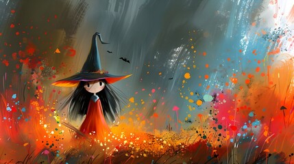 Cute halloween witch in vibrant magical land background, with hat and broomstick. Whimsical and festive vibe artistic hand-drawn painting illustration. Modern 3d digital artwork cartoon. 