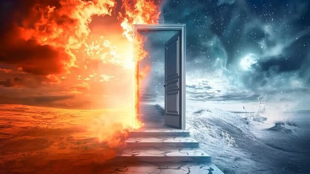 Animation of heaven paradise and fiery hell gates choice. Door to heaven and hell. Good and evil, light and darkness. God's judgment, christianity concept. Religious background