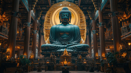 An ancient Buddha statue standing majestically in a beautifully decorated temple hall.
