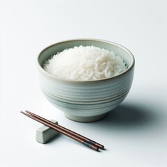 Bowl of Japanese rice KOME with chopsticks isolated on a white background