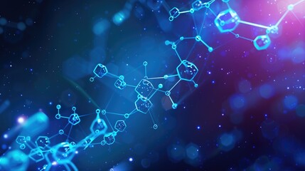 Abstract molecular structure on blue background Stylish banner for scientific conference on physics chemistry and health care