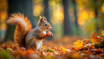 A red squirrel scours the forest floor, gathering acorns for winter, amidst vibrant autumn foliage, its tiny paws grasping a prized nut, beneath a backdrop of towering trees.