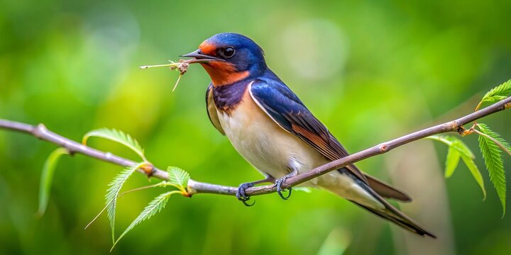 Amidst lush greenery, a barn swallow busily collects twigs, threads, and feathers for its nest, a diligent worker of nature's intricate construction process.