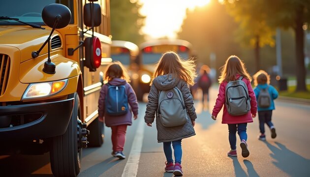 Kids walking to school bus at sunset. - Powered by Adobe