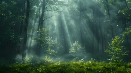 Obraz premium Enchanting Misty Forest with Soft Sunlight Filtering Through Towering Trees