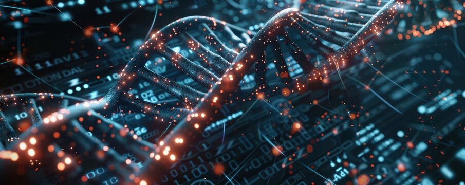 Largescale genetic data sequencing, top view, comprehensive DNA analysis, cybernetic tone, Tetradic color scheme, copy space for text,