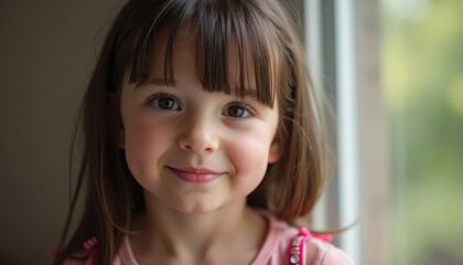 Portrait of a Young Girl with Brown Eyes and a Pink Shirt.
