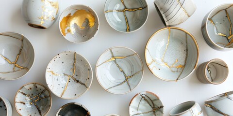 Kintsugi, kintsukuroi, Japanese golden repair pottery on display, showcasing traditional art concept