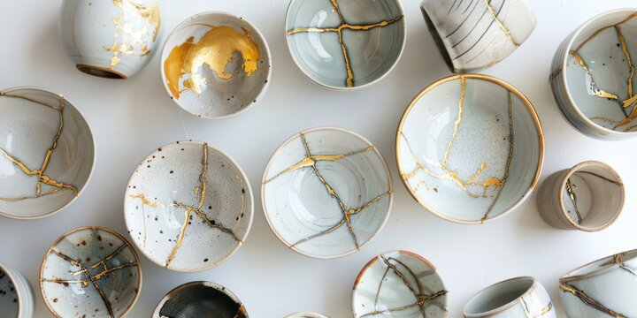 Kintsugi, kintsukuroi, Japanese golden repair pottery on display, showcasing traditional art concept
