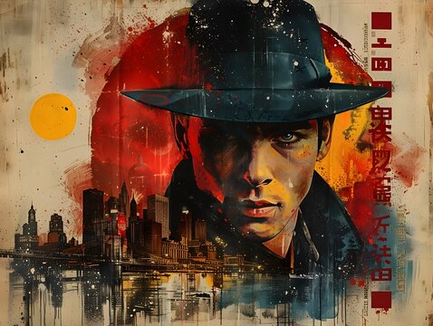 Stylized Vintage Movie Poster with Dramatic City Skyline and Mysterious Protagonist