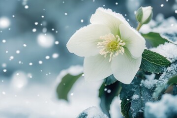Elegant photography of a white Christmas rose (Hellebore) blooming against a snowy background, capturing the holiday spirit 
