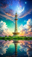 "AI-Generated Fantastical Landscape Blending Pakistani Symbols with Dream-Like Elements: Minar-e-Pakistan Floating in the Sky, Surrounded by Crescent and Star-Shaped Clouds